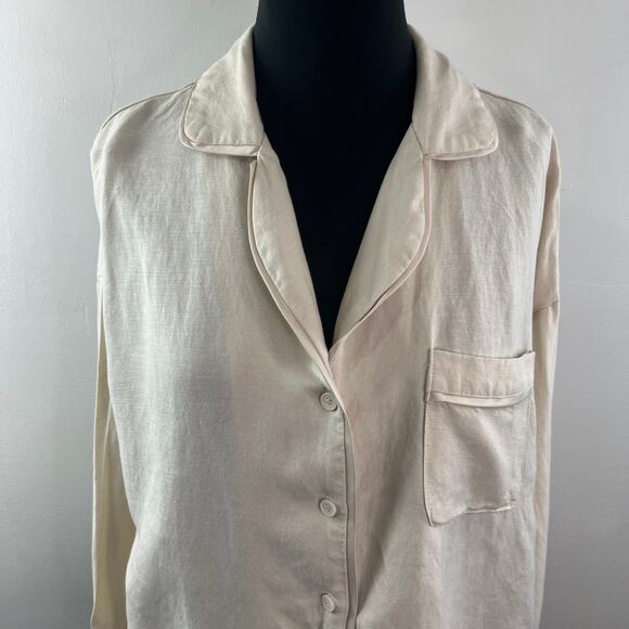 Bohme Beige Hawaiian Top Linen Collared Long Sleeve Classic Button-Up Size Small - Picture 4 of 10